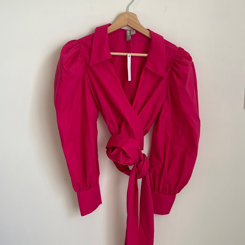 ASOS hot pink wrap puff sleeve blouse
